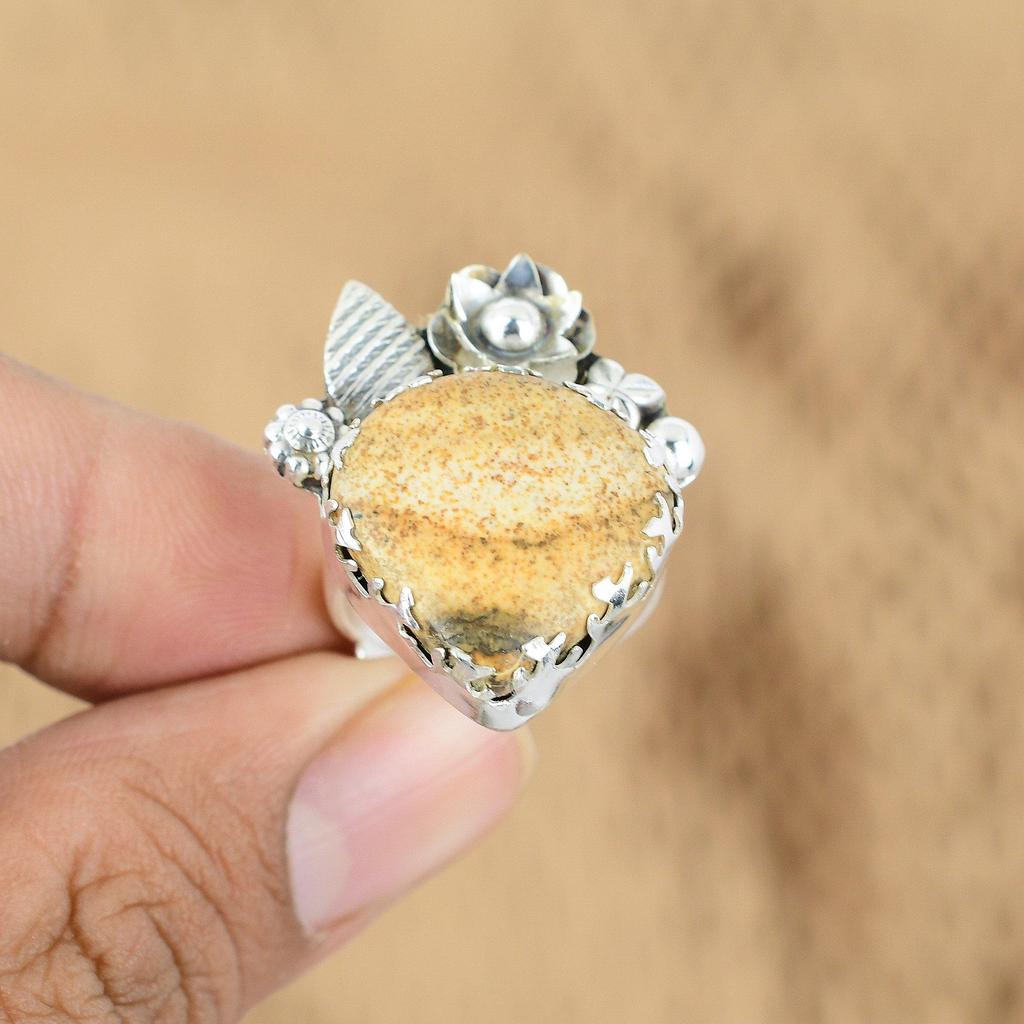 Picture Jasper Stone Sterling Silver Statement Wife Flower Promise Ring Jewelry