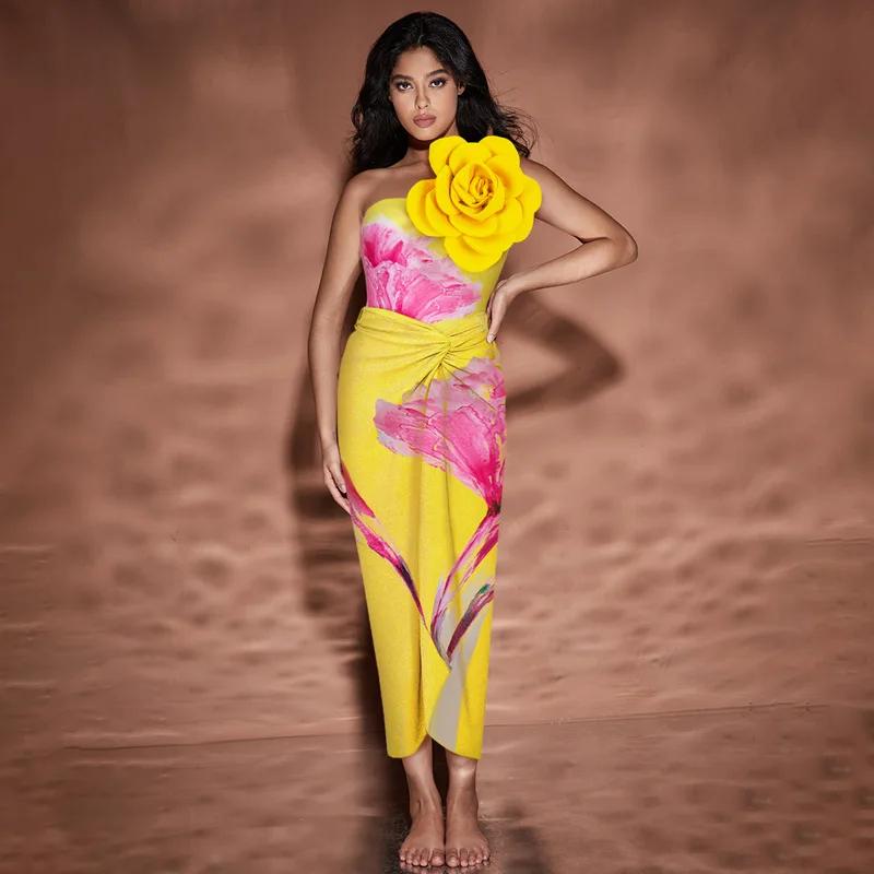 New Yellow Printed Biquinis Women 3D Flower One Shoulder Beachwear with Skirt Two Pieces Sets Swimwwear Bathing Suit Summer