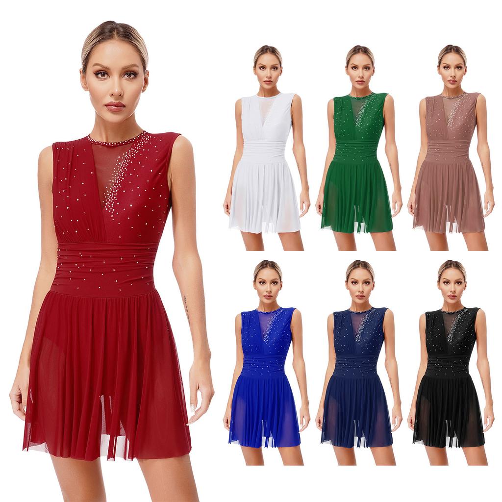 Женское платье для фигурного катания, блестящее, без рукавов, с рюшами для танцевальных соревнований