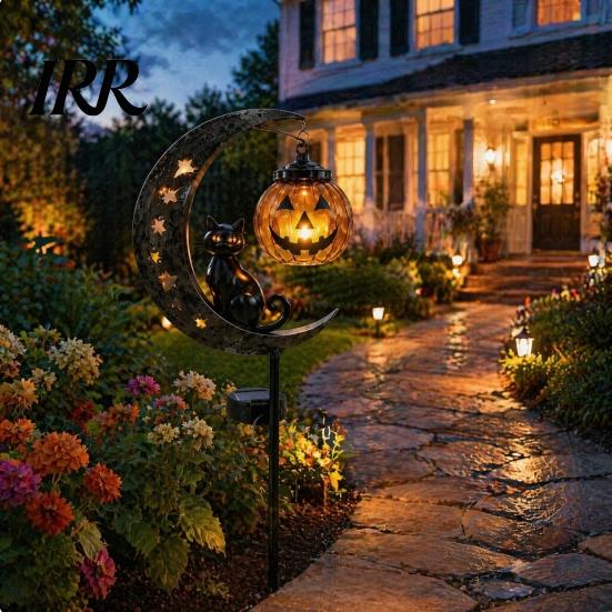 Retro Iron Crescent Moon Pumpkin Light Black Cat Halloween Stake Light, Solar Metal Lantern with LED Courtyard Decoration Warm Glow, Spooky Yard Decor