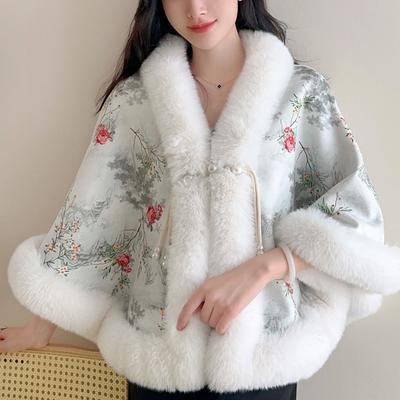 Маленькая накидка-шаль, жакет, женское короткое, напечатанное бархатное, утолщенное, воротник из меха кролика Рекс, без рукавов, свадебное платье-чонсам