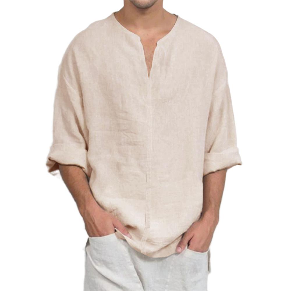 Хлопково-льняная футболка с V-образным вырезом и длинным рукавом для мужчин, повседневная, однотонная, легкая, дышащая, уютная, мужская модная футболка