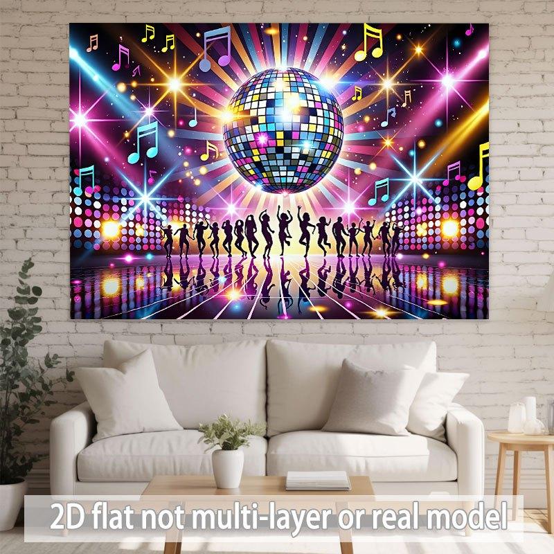 The 2D plane depicts a crowd dancing joyfully under a large disco ball.