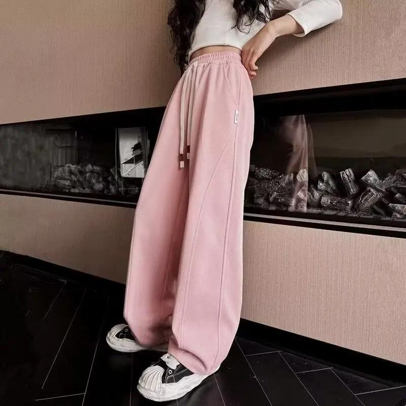 2024 Розовые спортивные штаны для девочек с широкими штанинами: Осенне-зимний повседневный спортивный стиль для детей среднего и крупного возраста