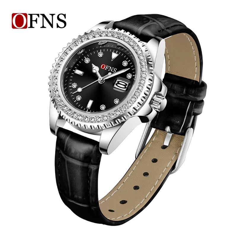 Ofns Women's Diamond Bezel Watch, Luminous Calendar Waterproof, Steel/Leather Strap, Business Quartz Wristwatch for Ladies