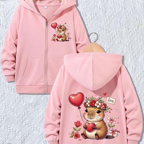 Funny Capybara Love Casual Hoodie Jacket for Boys Girls Zipper Winter Autumn Trendy Cartoon Zip Up Sweatshirts Unisex Kids