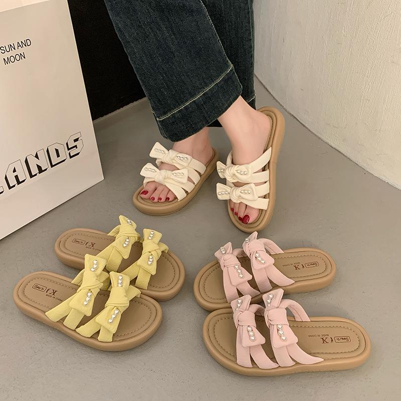 Банты одно слово тапочки женские летние 2025 новые с юбкой на плоском каблуке не устают ноги