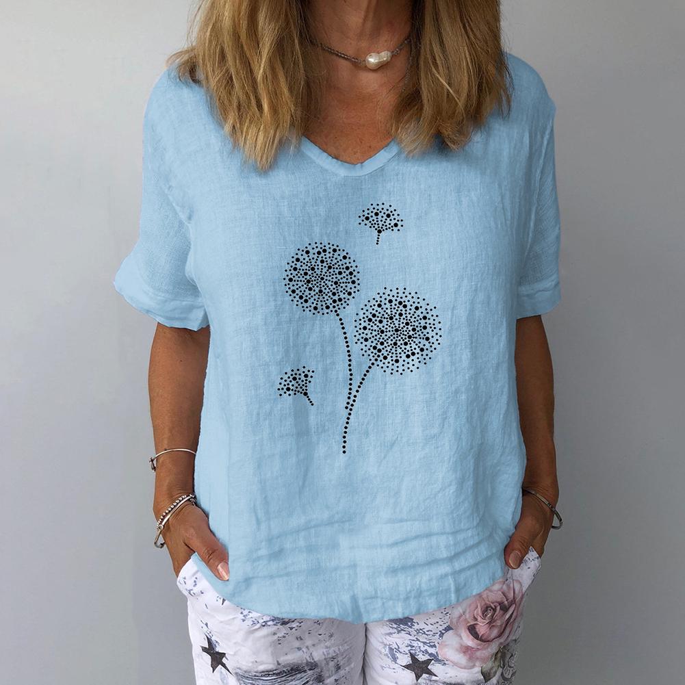 (M-3XL) Summer New Women V Neck Short Sleeve Dandelion Print T-shirt Blouse Top Soft
