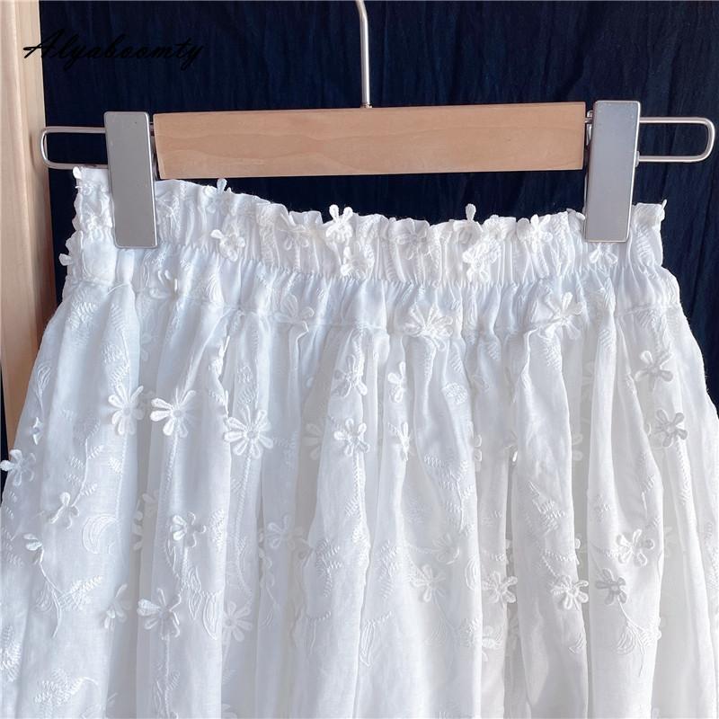 Japanese Mori Girl Summer Women White Skirt High Waist Floral Elegant Skirt Cotton Embroidery Feminine Party Fairy Skirt