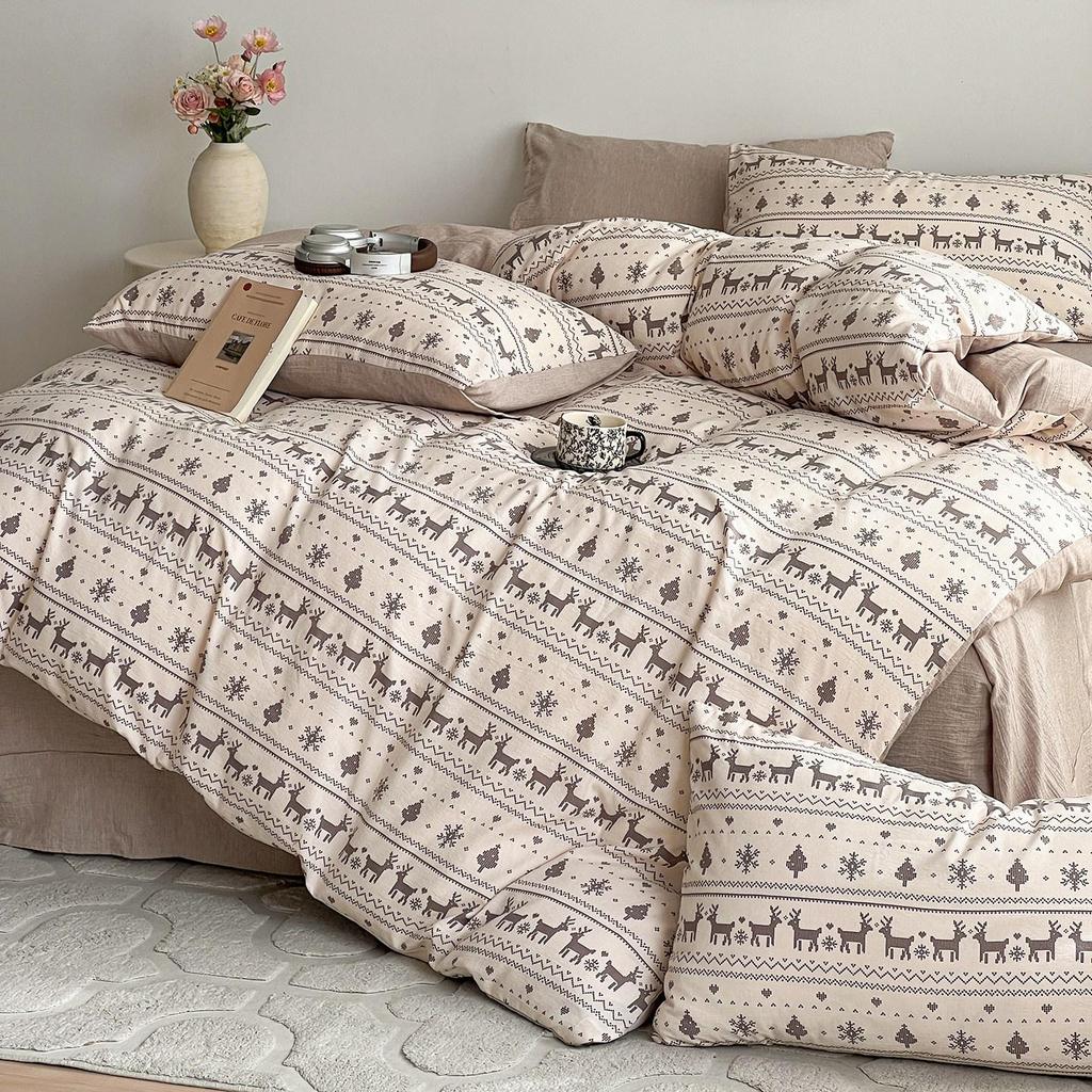 Floral Washed Cotton Jacquard Bedding Set – Four-Piece Duvet Cover with Rounded Corner Bed Sheet