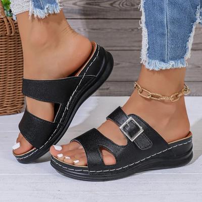 Мода 2024 Горячая Распродажа Обувь Женская С Открытым Носком Женские Шлепанцы Лето Римская Пряжка Однотонные Уличные Повседневные Пляжные На Платформе Большие Размеры Шлепанцы