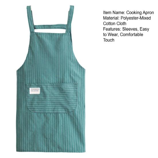 Yousheng Cooking Apron Stripe Printing Front Pocket Sleeveless Anti-dirty Kitchen Women Doing Housework Clothes Protector Apron Daily Use