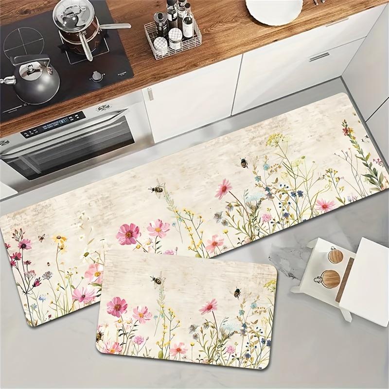 1 шт. анти-усталостные кухонные коврики, с цветочным и пчелиным принтом, водонепроницаемые нескользящие толстые мягкие кухонные коврики, прочные, удобные стоячие коврики для кухни