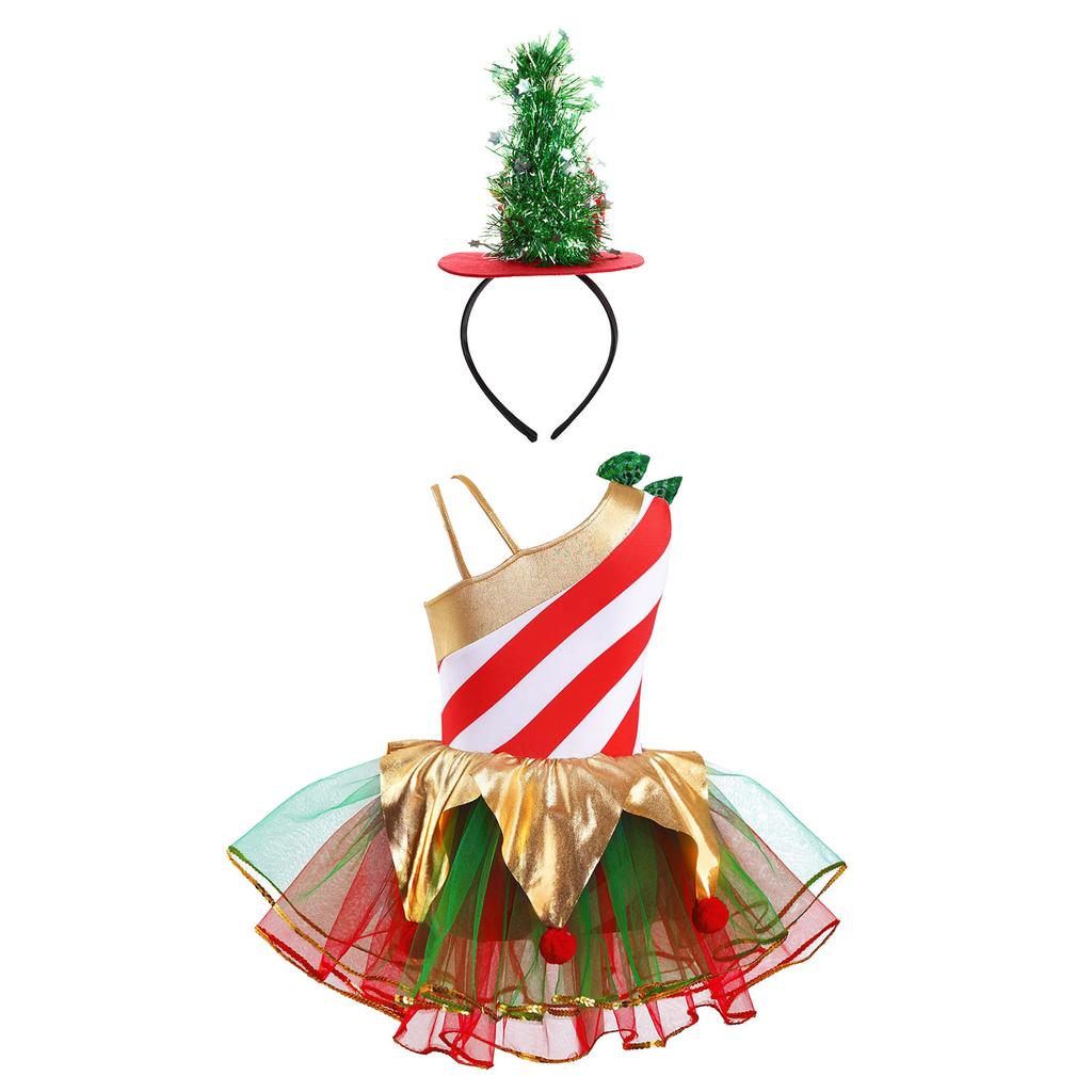 Kids Girls Carnival Cosplay Costume Asymmetrical Shoulder Sleeveless Stripes Print Dress with Headband