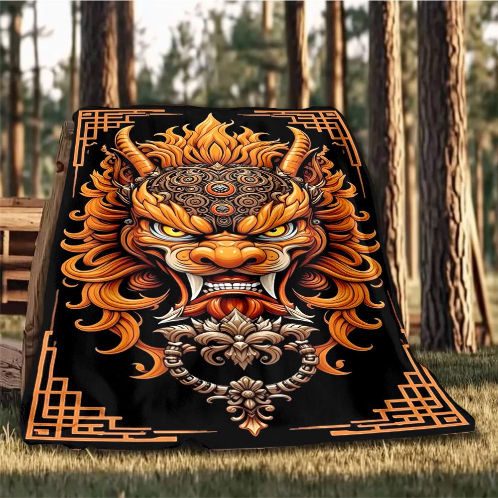 1pc Dragon Mask Design Outdoor Flannel Blanket Soft All Season Polyester Throw , Perfect for Picnics & Travel , Picnic Accessory