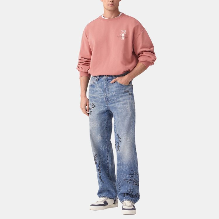 Levis Свободный Повседневный Удобный Свитер с Письменным Рисунком в Рубчик с Круглым Вырезом и Длинным Рукавом Мужской свитшот Красно-Коричневый 002Y3-0001