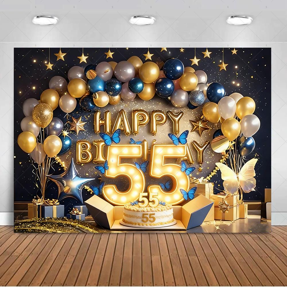 Счастливого 55-летия Фон для Фотосессии Шары Черно-Золотые 55 Лет Блестящее Украшение для Вечеринки Реквизит для Фотосъемки