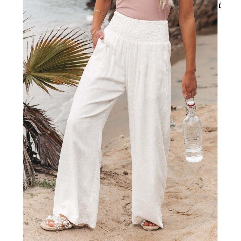 2023 Casual Beach Wide Leg Pants Women Fashion Solid Elastic Cotton Linen Long Pants Chic Loose High Waist Ladies Trousers 22683