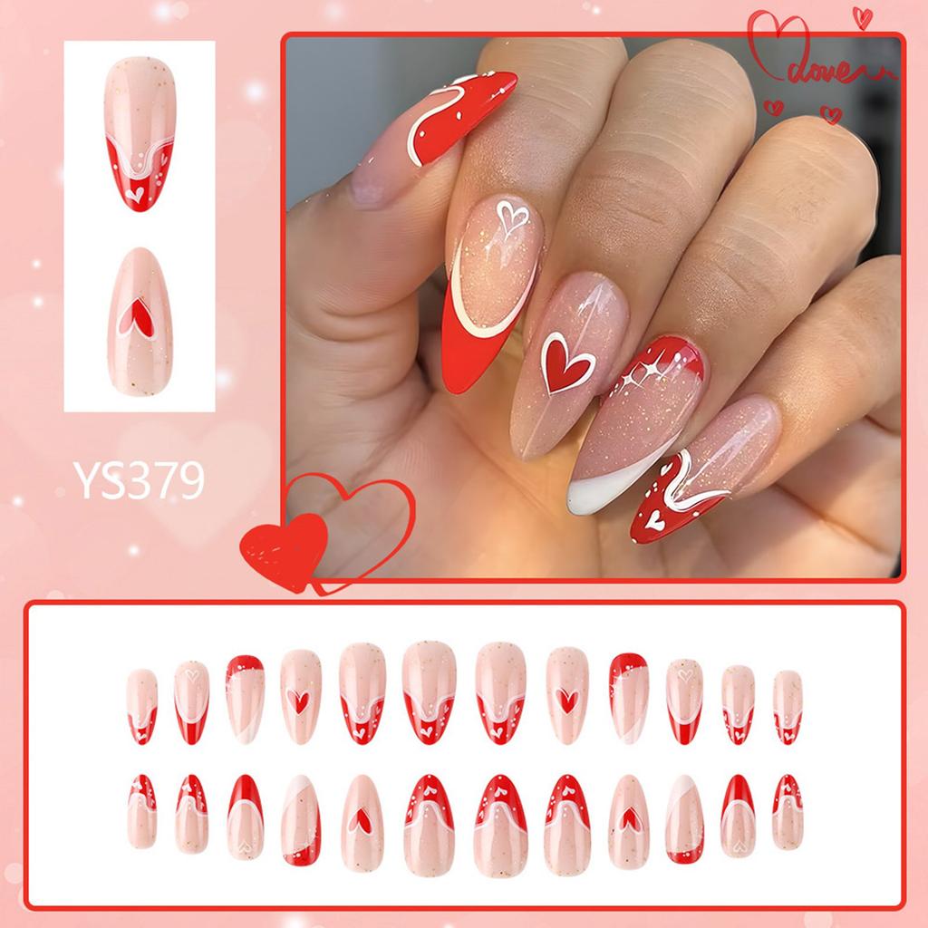 24 шт. накладных ногтей на День святого Валентина, длинные, миндалевидные, с полным покрытием, искусственные ногти, глянцевые, с сердечным дизайном