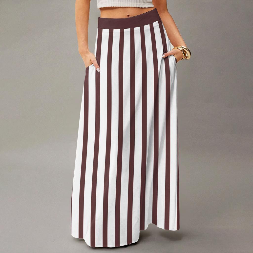 Женская повседневная складная юбка макси с высокой талией, драпированная, свободного кроя, с карманом, в полоску, в клетку