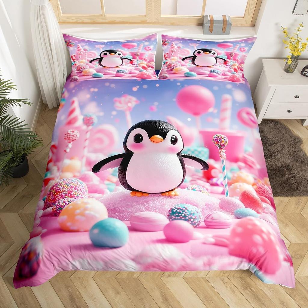 Cartoon Penguin Duvet Cover Polar Animal Watermelon Bedding Set for Boys Girls Room DecorArctic Wildlife Fruit Comforter Cover