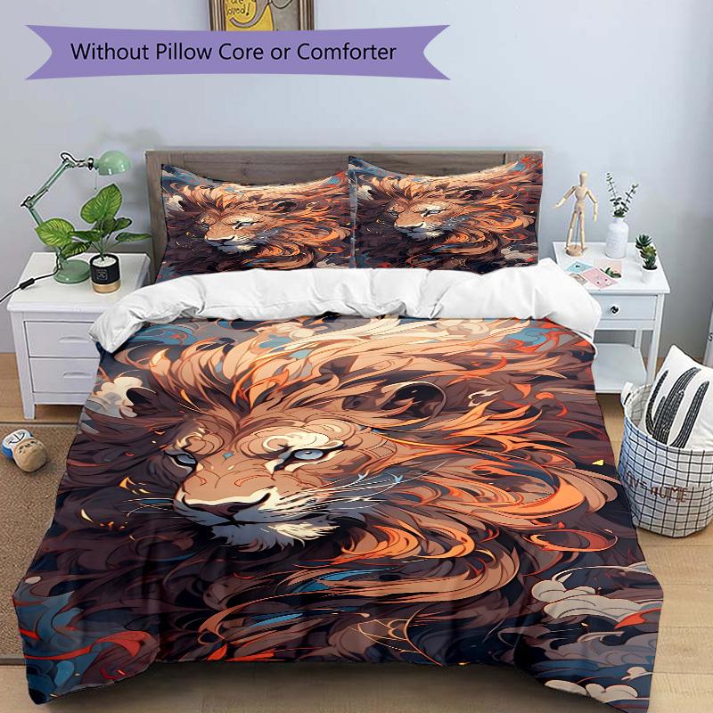 3pcs Lion Print Duvet Cover Set, Cover For Bedroom Guest Room (1 Duvet Cover + 2 Pillowcase, Without Quilt), yy250922233