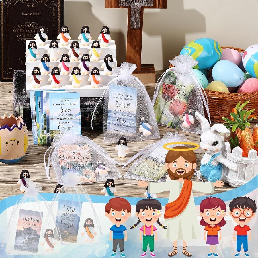 Bememo 25 Sets Mini Jesus Figurines Easter Toys Include Little Rubber Jesus Figurines Prayer Cards and Bags for Religious Party