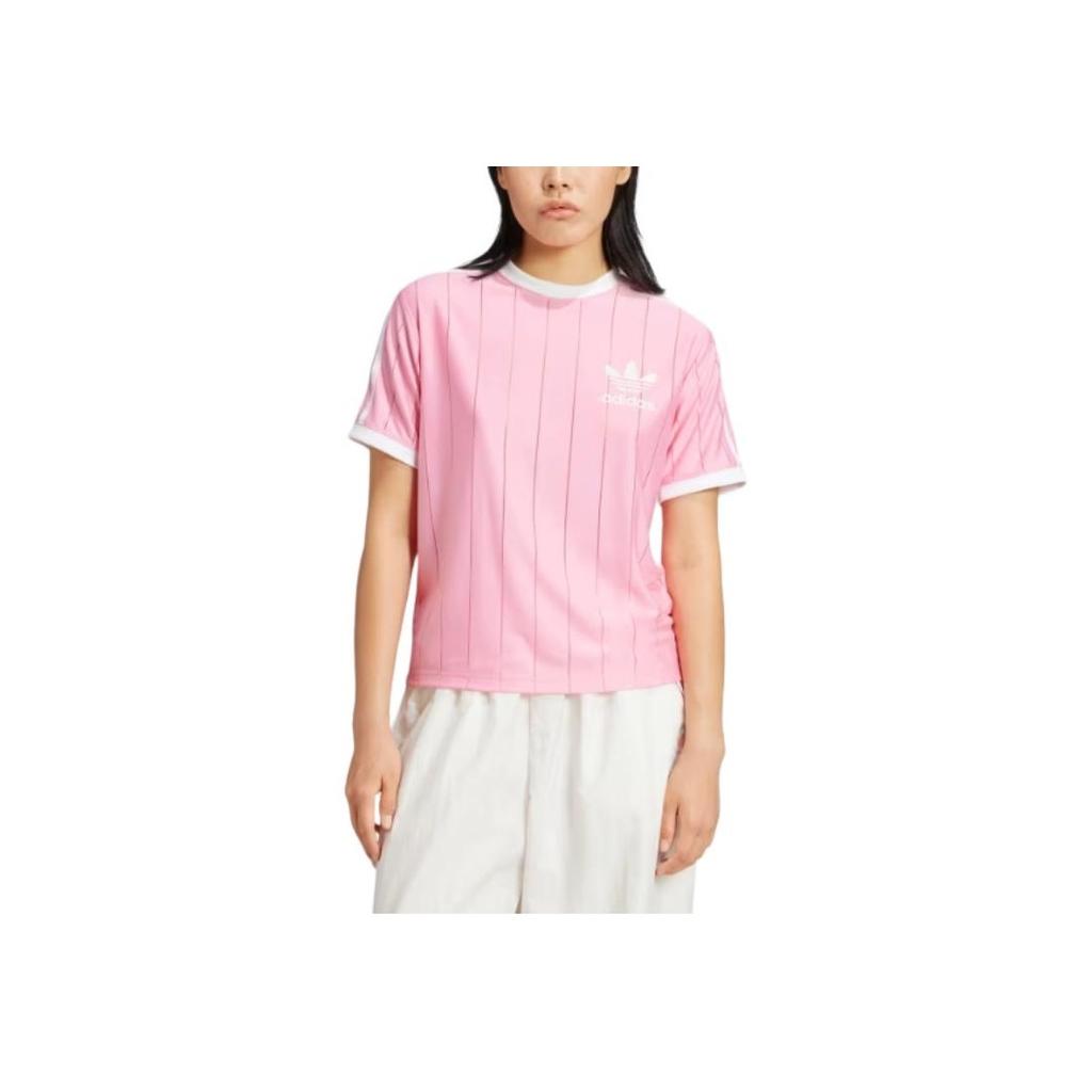 Adidas Originals Adicolor 3-Stripes Pinstripe Tee Logo Print Color Block Striped Crew Neck Short Sleeve T-Shirt Women Tops Pink IY7229