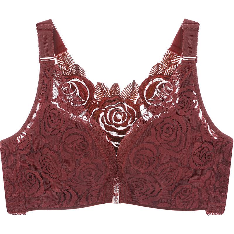 Gathered Adjustable Wire-Free Front-Hook Plus Size Bra with Large Cup and Rose Beautiful Back Lace Sexy Lingerie