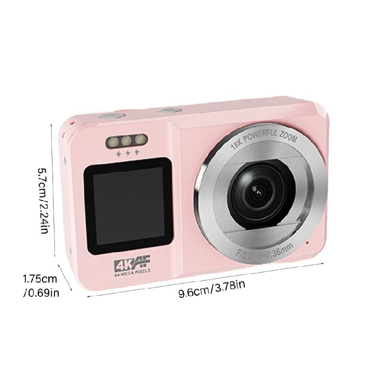 Double Screen Selfie Camera 4K 64MP 18X Zoom Portable Digital Camera Pink for Vloggings School Trip