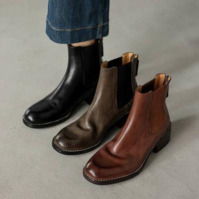 Осенне-зимние новые кожаные рыцарские ботинки женские однотонные на среднем каблуке универсальные большого размера женские ботинки с круглым носком и квадратным каблуком кожаные ботинки м