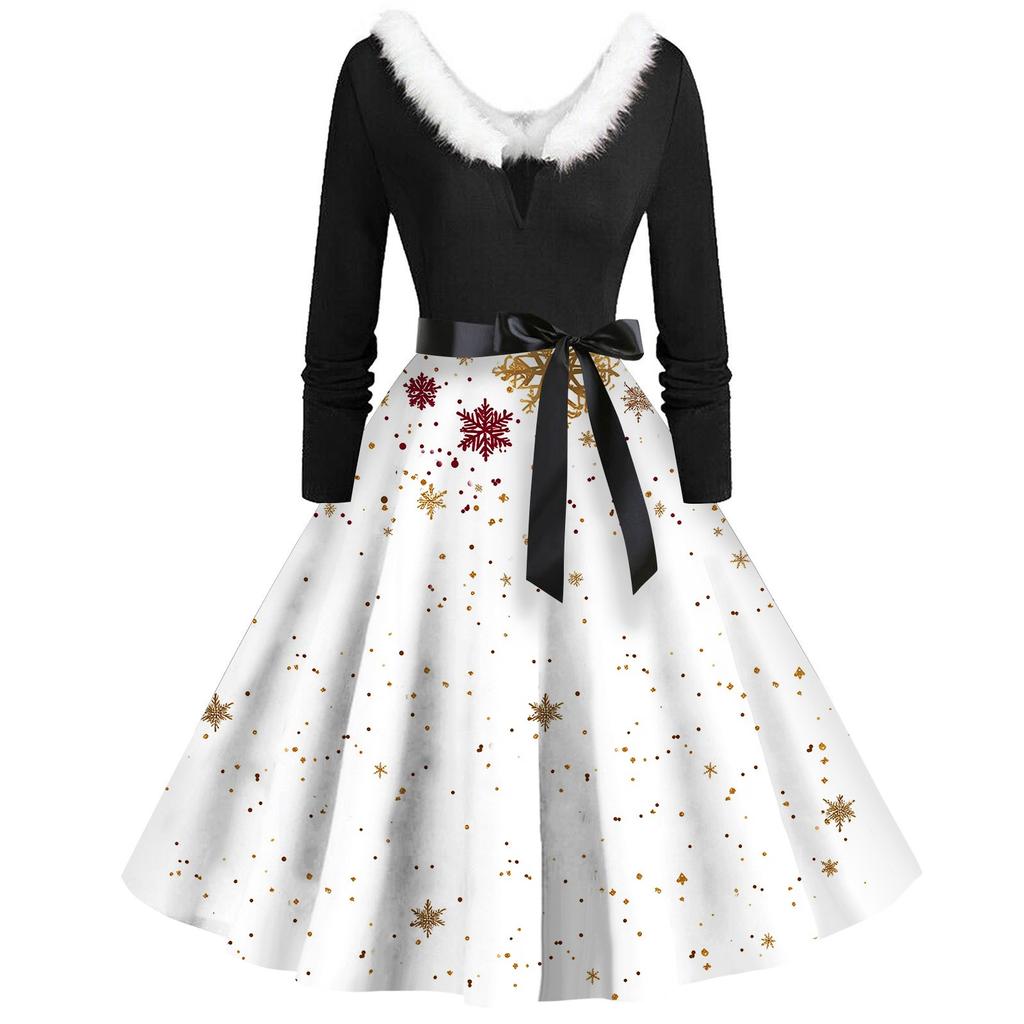 Женское повседневное и модное платье с длинными рукавами и V-образным вырезом с рождественским принтом на молнии