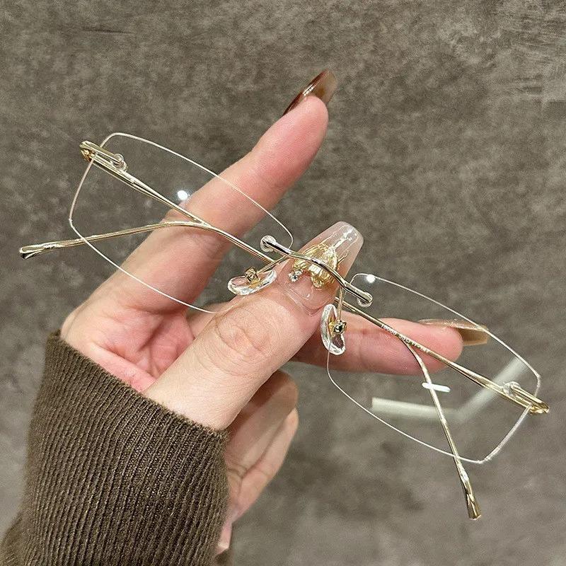 Retro Rimless Glasses Myopia Versatile Vintage Elegant Anti-Blue Light Flat Optical Unisex Ultra Light Stylish Eyeglass Frame