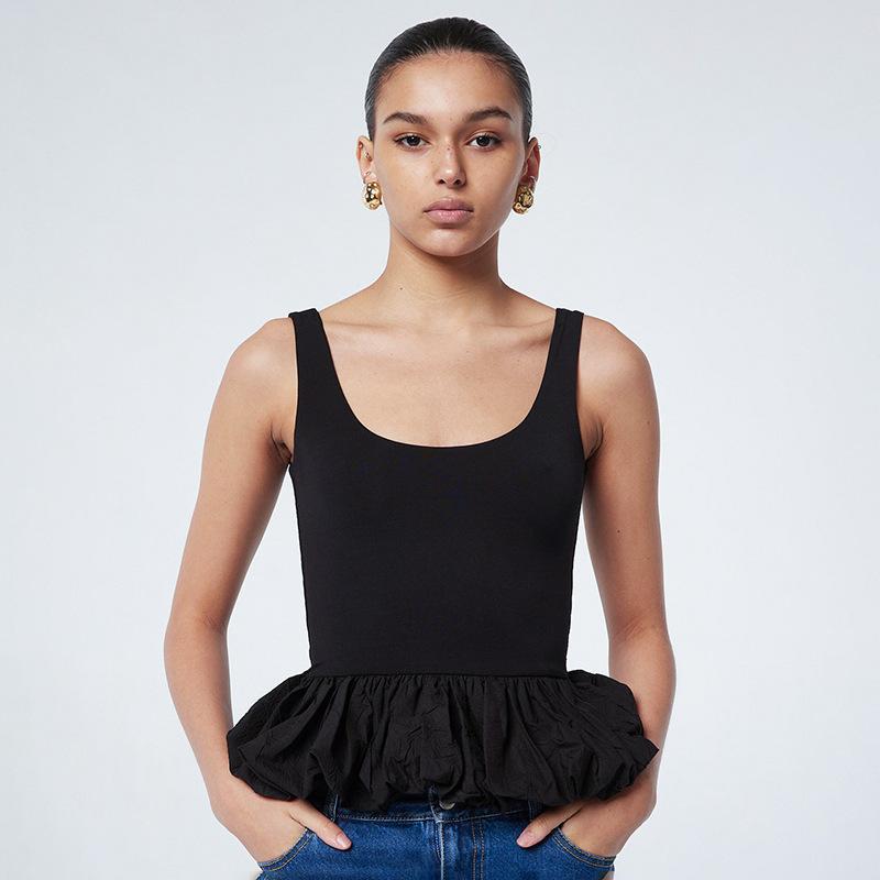 Square Neck Tank Tops For Women Sleeveless Backless Crop Top With Peplum Bubble Hem Summer Top Black White