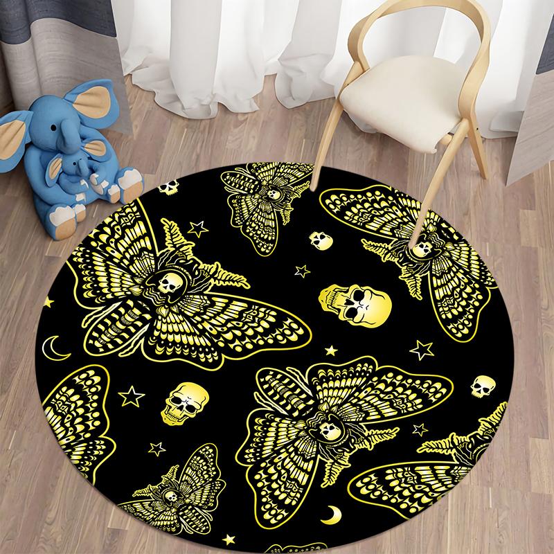 Death Moth Round Carpet Gothic Skull Round Floor Mat Butterfly Moon Living Room Carpets Bathroom Kitchen Area Rug Doormat Decor