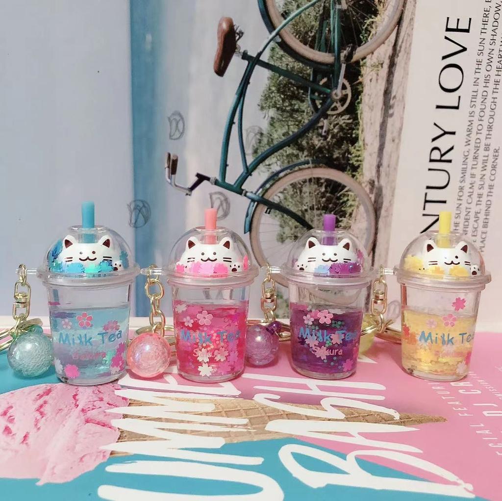 Кольцо для женщин и детей, сумка, подвеска, автомобильный брелок, Сакура, кошка, брелок для ключей, бутылка чая с молоком, брелок для ключей