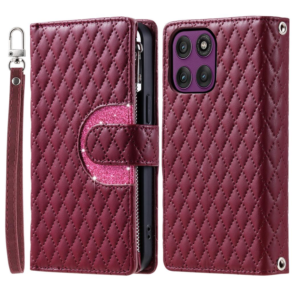 For Motorola Moto G86 5G Case Zipper Pocket Glitter Leather Phone Cover with Wrist Strap