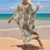 Women's Boho Cover Up, Plus Size Contrast Loose Fit Vacay Beach Kaftan Dress