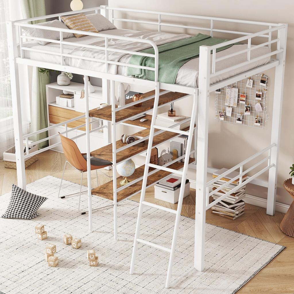 Loft bed, 90*200cm, without mattress, bed with desk, multiple shelves, railing, ladder, iron frame, white