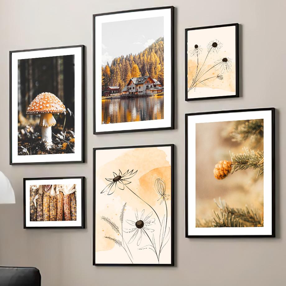 Осеннее озеро Лесной дом Тыква Цветок Пейзаж Настенное искусство Холст Живопись Осенние постеры Принты Картины для декора гостиной