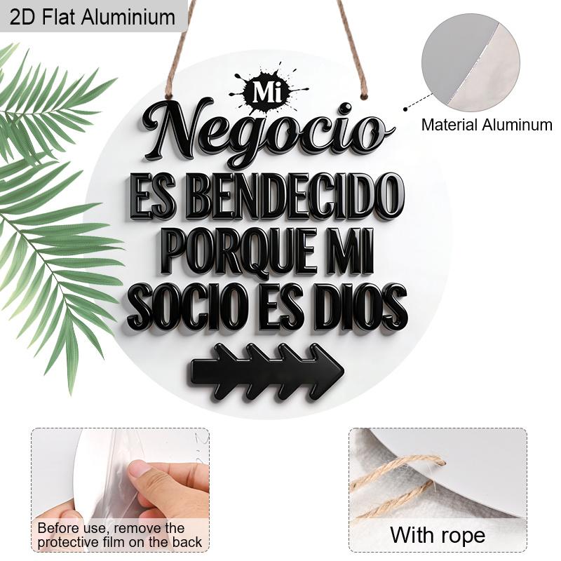 2D Flat 1pc Vintage Shop Signage Hanging Aluminium Decoration Plaque, "Negocio Es Bendecido Porque Mi Socio Es Dios" Lettering Sign, Office Decor