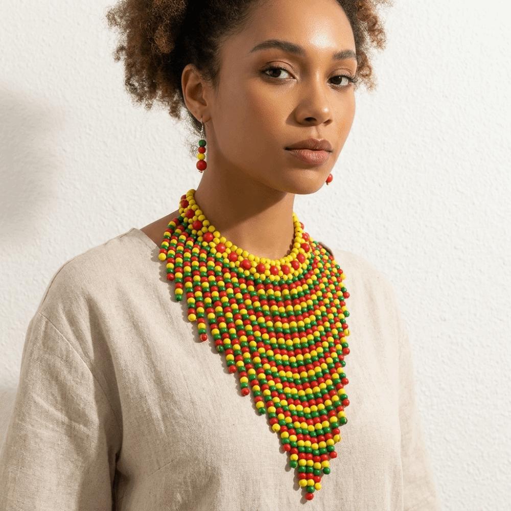 Handmade Necklace Earrings Set Wood Tassel Necklace Elegant Ear Studs Ladies