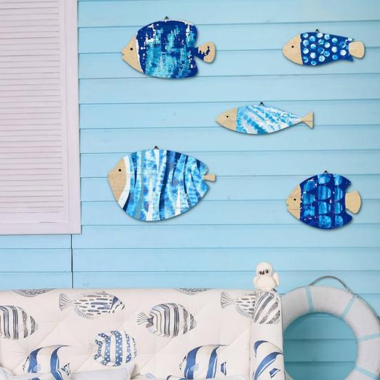 5Pcs/Set Wooden Fish Wall Decoration Farmhouse Rustic Nautical Blue Fish Wall Art Sculpture Home Living Room Bathroom Wall Decorative Sign