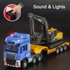 1:48 Flatbed Trailer Excavator Model Toy Car Sound Light Movable Joint Inertial Sliding Engineering Vehicles Boys Hobby Turcks