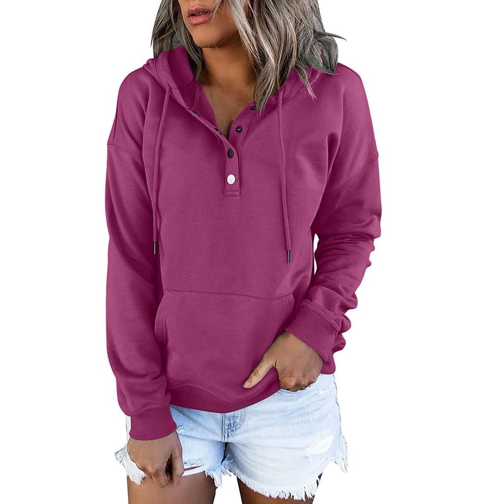Женские пуловеры с капюшоном Топы Повседневные толстовки на пуговицах с длинным рукавом и карманом