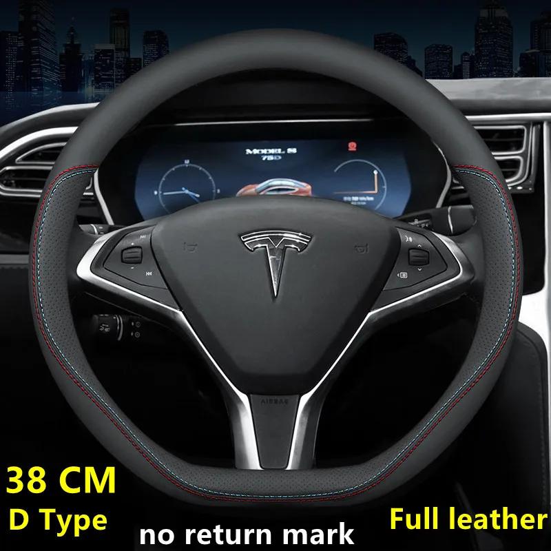 Кожаный чехол на руль автомобиля для Tesla Model 3 Y S X 2024 36-38 см Черный Автоаксессуары для интерьера