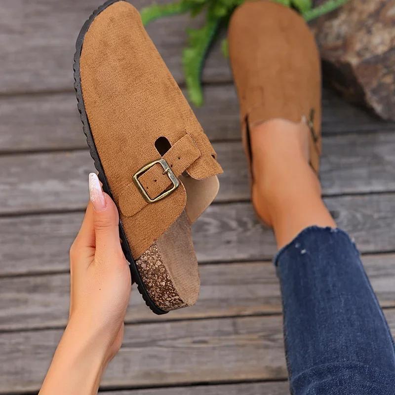 Модные летние клоги на пробковой подошве, женские туфли на плоской подошве, модные туфли-картофелины с пряжкой из искусственной кожи, женские домашние и уличные тапочки Mujer
