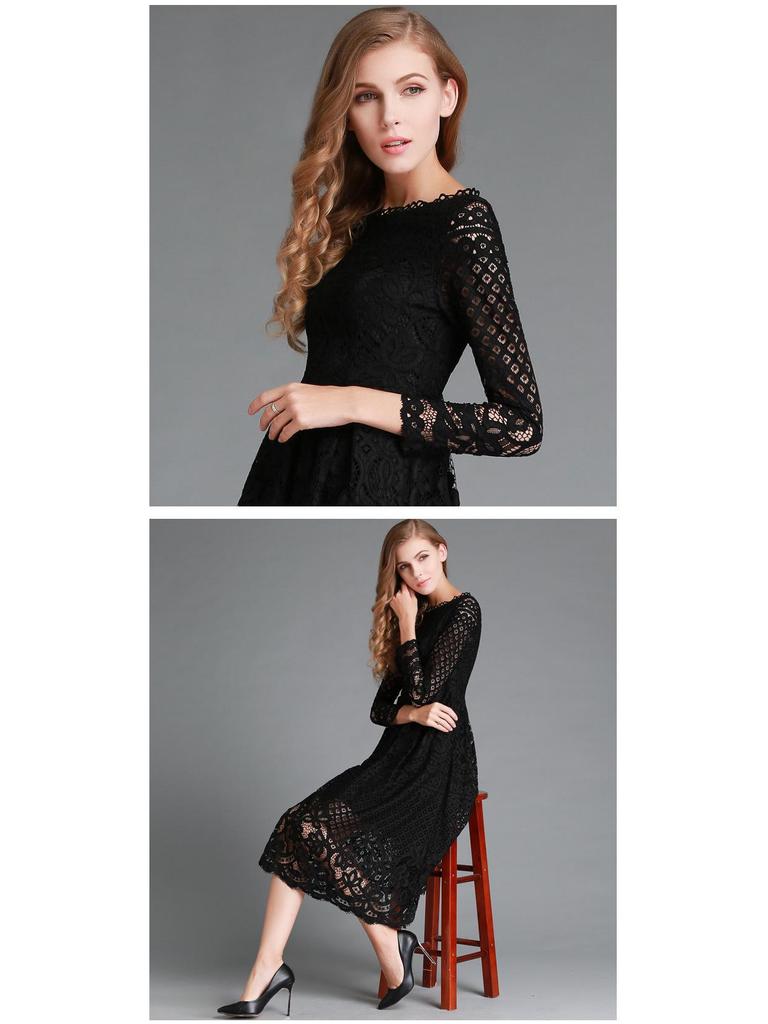 2025 Autumn Women's Lace Hollow Round Neck Slim Dress