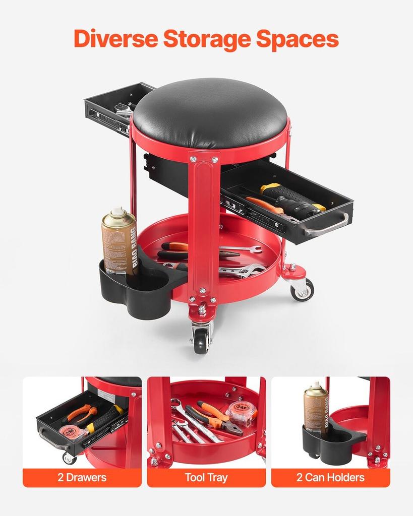 Rolling Mechanic Stool Garage Seat 300 lbs Load with Wheels & Storage
