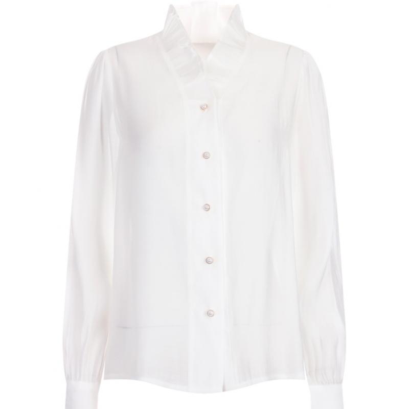 Shop Women Frill Neck Pearl Button Office Look Long Sleeve Tencel Blouse Black
